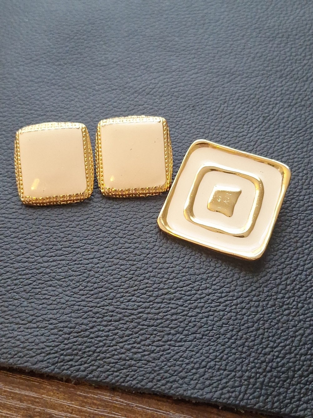 Vintage 1” Square Cream Enamel Gold Tone Clip Earrings 1.5" Brooch Matching Set